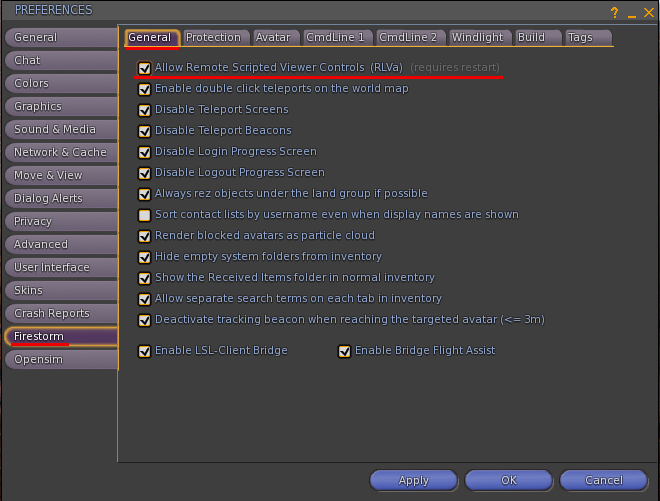 Enable RLV in Firestorm